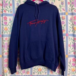 Men’s Vintage 90s Tommy Hilfiger Navy Cursive Logo Cozy Loungewear Hoodie